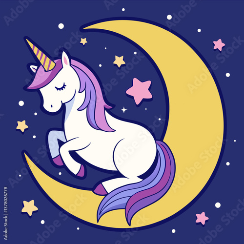 Unicorn sleeps on the moon on the starry sky backgraund. Good night card. Colorful сhildren's vector illustration