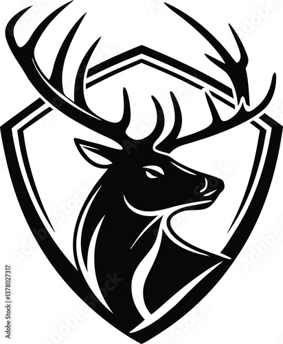Majestic Stag Head Emblem Black and White Shield Design
