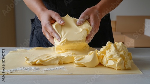A person handling a block of butter on a countertop, showcasing a creamy texture, with flour nearby, indicative of baking or cooking preparations.