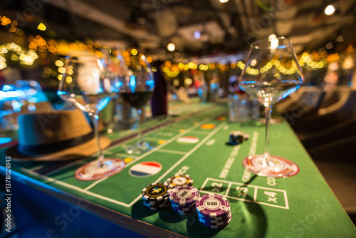 Casino party: poker chips, wine glasses, and a hat on a gaming table in an atmosphere of luxury and excitement