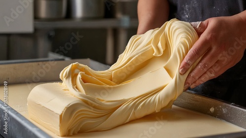 A person is shaping creamy, smooth butter in a kitchen, showcasing the process of its preparation and texture.