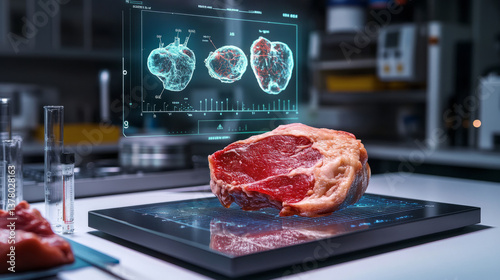 Futuristic meat analysis laboratory 3d visualization modern science lab interactive display culinary technology