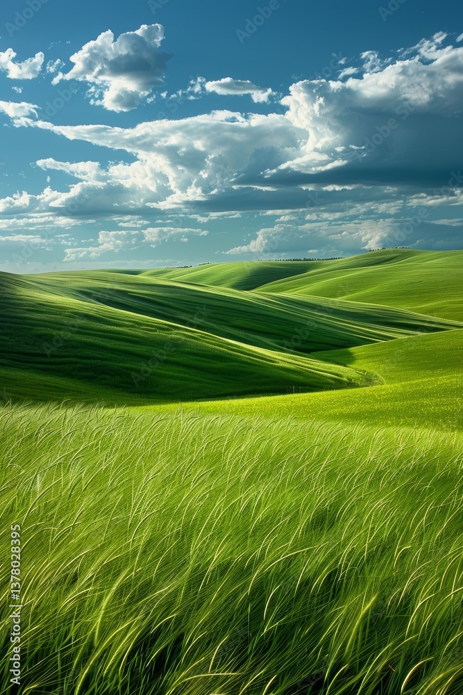 Fototapeta premium Tranquil and Picturesque Rolling Hills Beneath a Bright and Sunny Sky Filled with Fluffy White Clouds