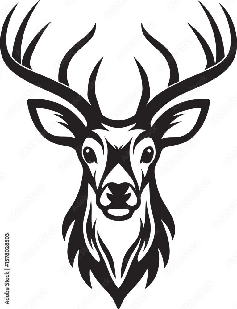 Naklejka premium Majestic Stag Head, Black and White, Antlered Deer, Wildlife Art, Nature Illustration, Graphic Desig