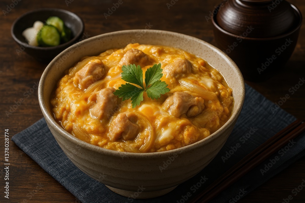 Traditional Japanese Rice Bowl Oyakodon (親子丼, 오야코동) with Chicken and Soft Egg
Traditional Japanese Rice Bowl Oyakodon (親子丼, 오야코동) with Chicken and Soft Egg