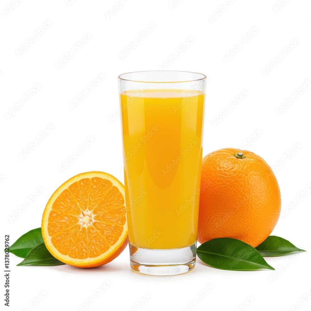 A glass of orange juice with a sliced orange and a whole orange on a white background studio shot A glass of orange juice with a sliced orange and a whole orange on a white background studio shot