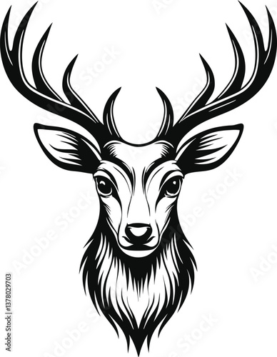 Majestic Stag Head, Antlers, Black and White, Wildlife, Nature, Emblem, Vintage, Graphic, Design, Il