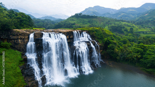 Majestic waterfall cascading down rocky cliffs surrounded by lush greenery and mountains, creating serene and tranquil atmosphere