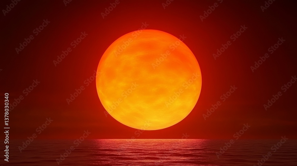Obraz premium Fiery Sunset Over Calm Ocean Dramatic Red Sun Setting Peaceful Seascape