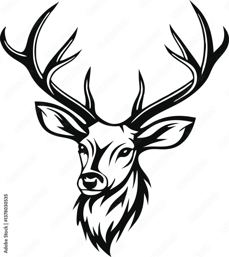 Naklejka premium Majestic Stag Head, Antlers, Wildlife, Nature, Forest, Black and White, Graphic Design, Hunting, Ani