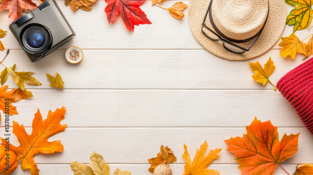 Autumn flat lay featuring leaves, camera, sweater, hat, and decorative items in a cozy arrangement