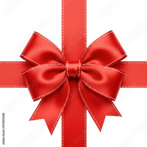Close up of a red satin ribbon bow tied on a white background with stitched edges and cross ribbons