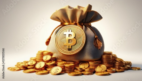 realistic 3d render of money bag overflowing with coins featuring a gold dollar isolated on white background perfect for finance concepts