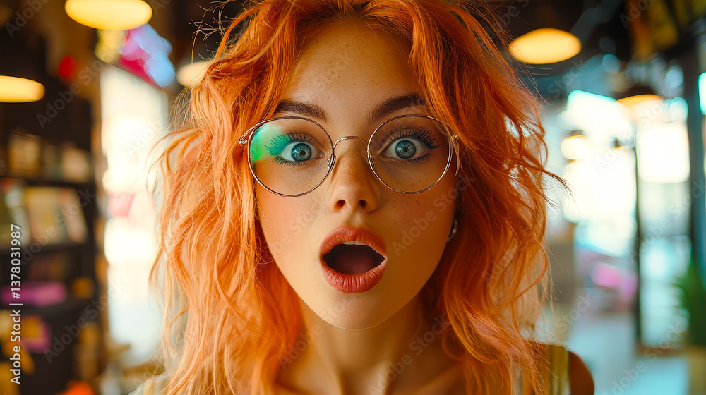 A woman with bright orange hair and large glasses expresses astonishment in a lively café, surrounded by soft lighting and decor