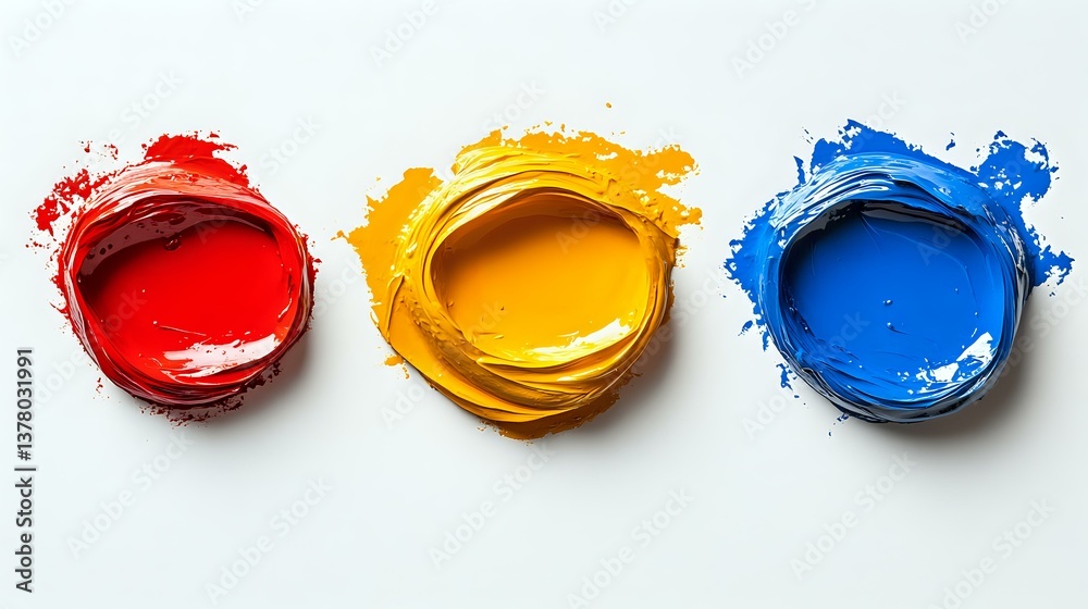 Vibrant red, yellow and blue paint circles with dynamic splatter texture on white background, arranged in row. Creative artistic composition for design projects.