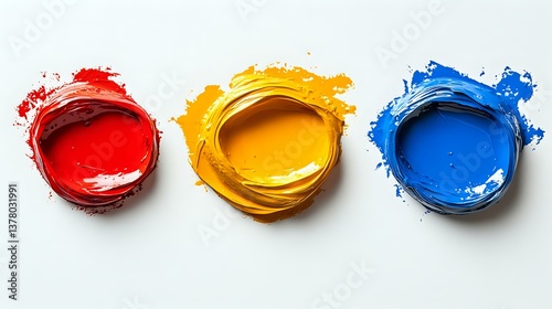 Obraz na płótnie Vibrant red, yellow and blue paint circles with dynamic splatter texture on white background, arranged in row. Creative artistic composition for design projects. w salonie