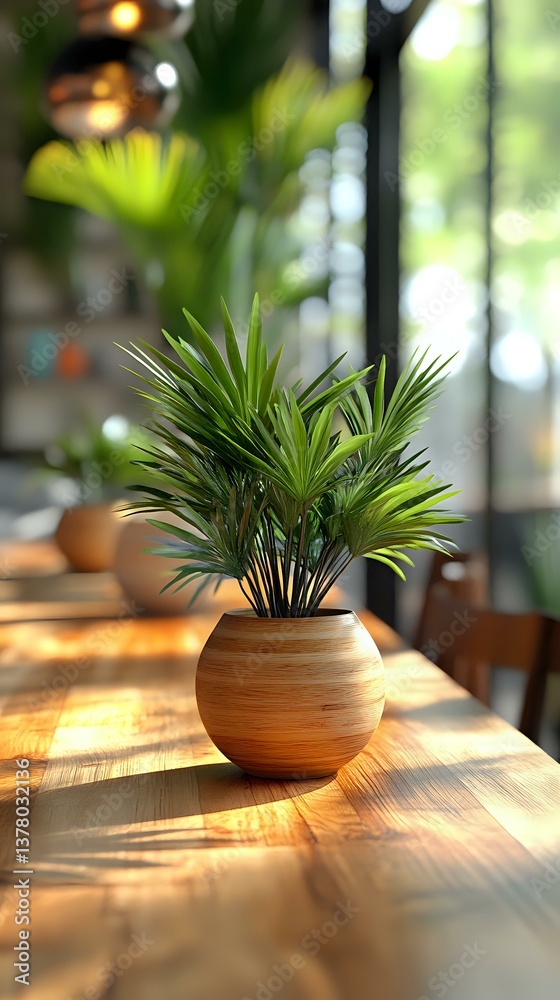 Fan palm in round terracotta pot on wooden table with warm sunlight streaming through window, creating dramatic shadows in modern interior setting.