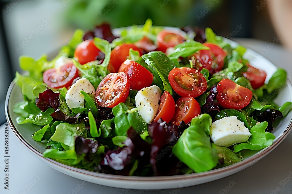 Fresh mixed green salad with cherry tomatoes, mozzarella pearls and purple lettuce leaves on white plate. Close up view of healthy Mediterranean dish.