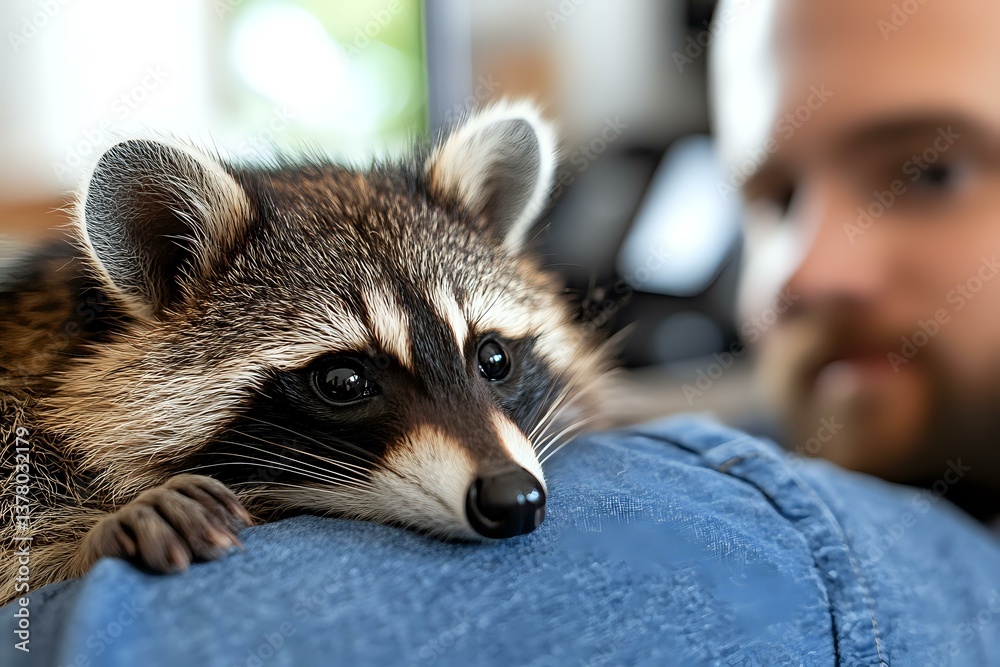 Young raccoon resting on person wearing denim, close up portrait showing facial features and fur texture, selective focus on animal with blurred background.