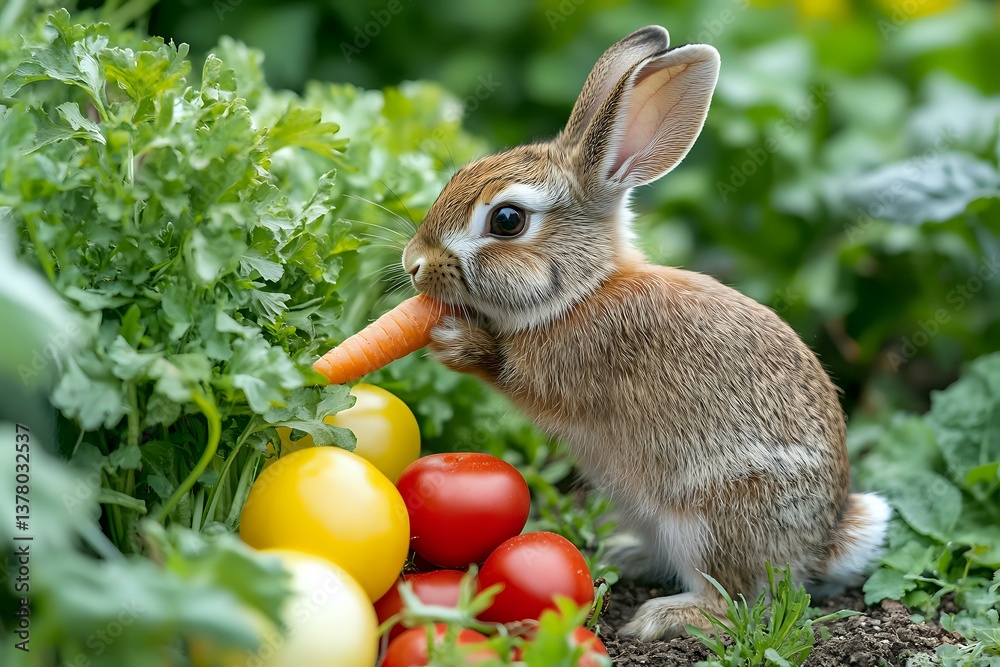 Adorable brown rabbit eating carrot in vegetable garden surrounded by fresh tomatoes, lemons and green leafy plants, side view portrait in natural sunlight.