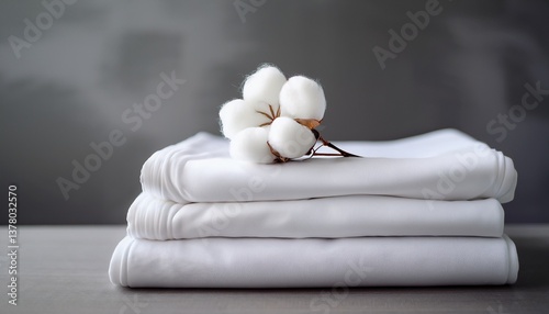 a stack of white sheets with a cotton flower on top the sheets are piled on top of each other creating a sense of order and cleanliness the cotton flower adds a touch of natural beauty