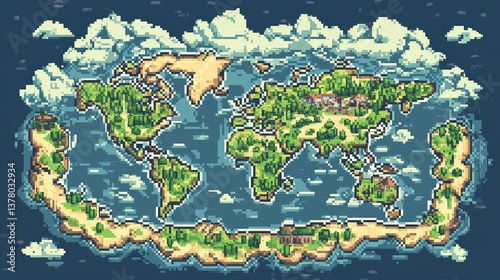 A pixel art world map in retro video game style.