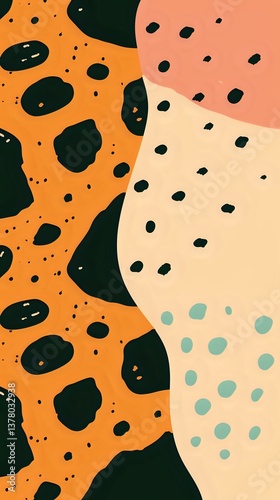Abstract organic shapes with spotted patterns in orange, pink, cream and mint colors create a modern artistic composition with flowing curves and dotted textures.