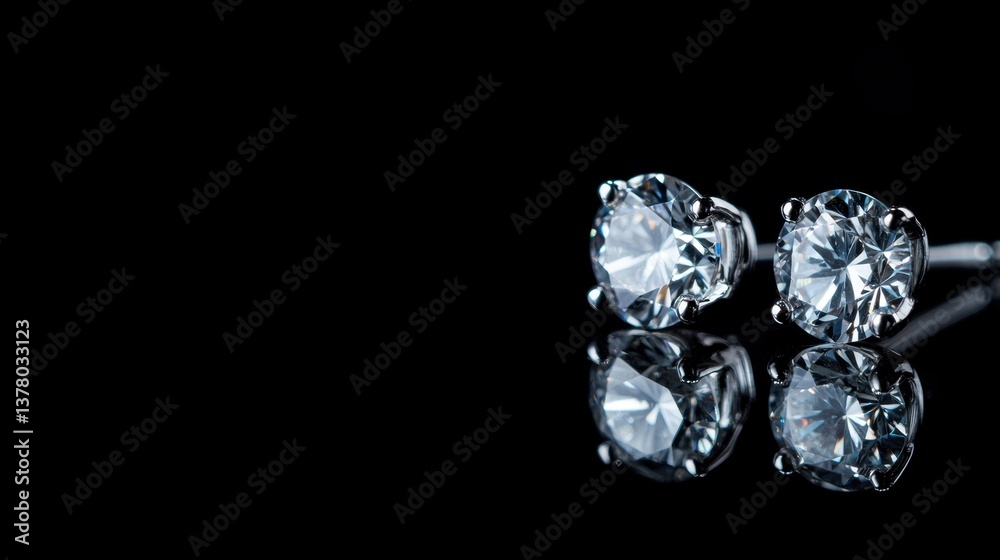 A pair of diamond stud earrings placed on a sleek black background, capturing their sparkle and precision. A pair of diamond stud earrings placed on a sleek black background, capturing their sparkle and precision.