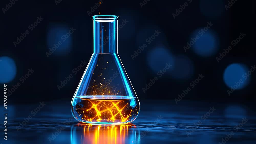 A flask containing blue liquid with a glowing orange pattern inside on a dark background. A flask containing blue liquid with a glowing orange pattern inside on a dark background.
