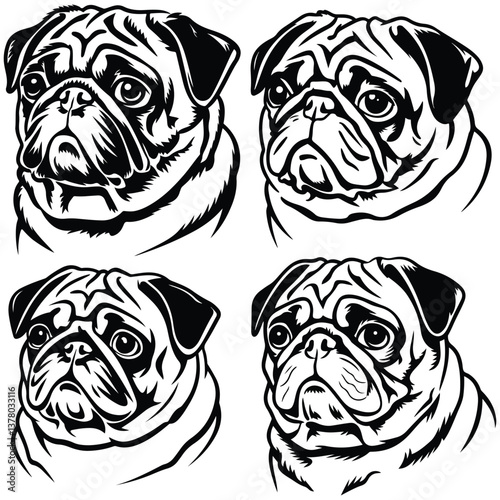 An elegant pug dog silhouette illustration isolated on a white background