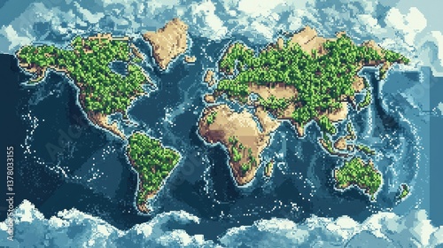 A pixel art world map in retro video game style.