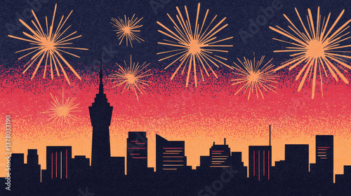 vibrant city skyline is illuminated by colorful fireworks against dark sky, creating festive atmosphere. scene captures excitement and joy