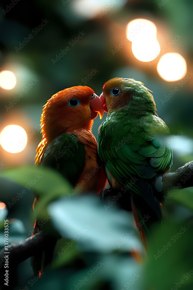 Pair of lovebirds sharing tender moment on branch with soft bokeh lights in background, orange and green feathers glowing in warm evening atmosphere. Perfect for Valentine's day.