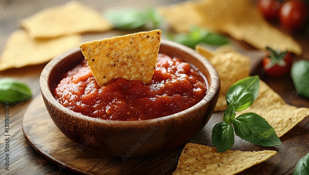 Fresh tomato salsa dip in brown ceramic bowl with crispy tortilla chips, garnished with basil leaves on wooden board, selective focus on appetizer.