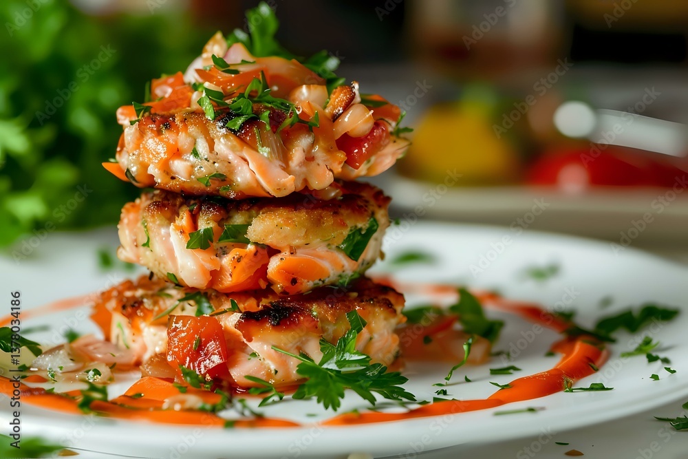 Grilled salmon patties stacked with fresh herbs and spicy sauce, garnished with parsley on white plate. Close up view of gourmet seafood appetizer.