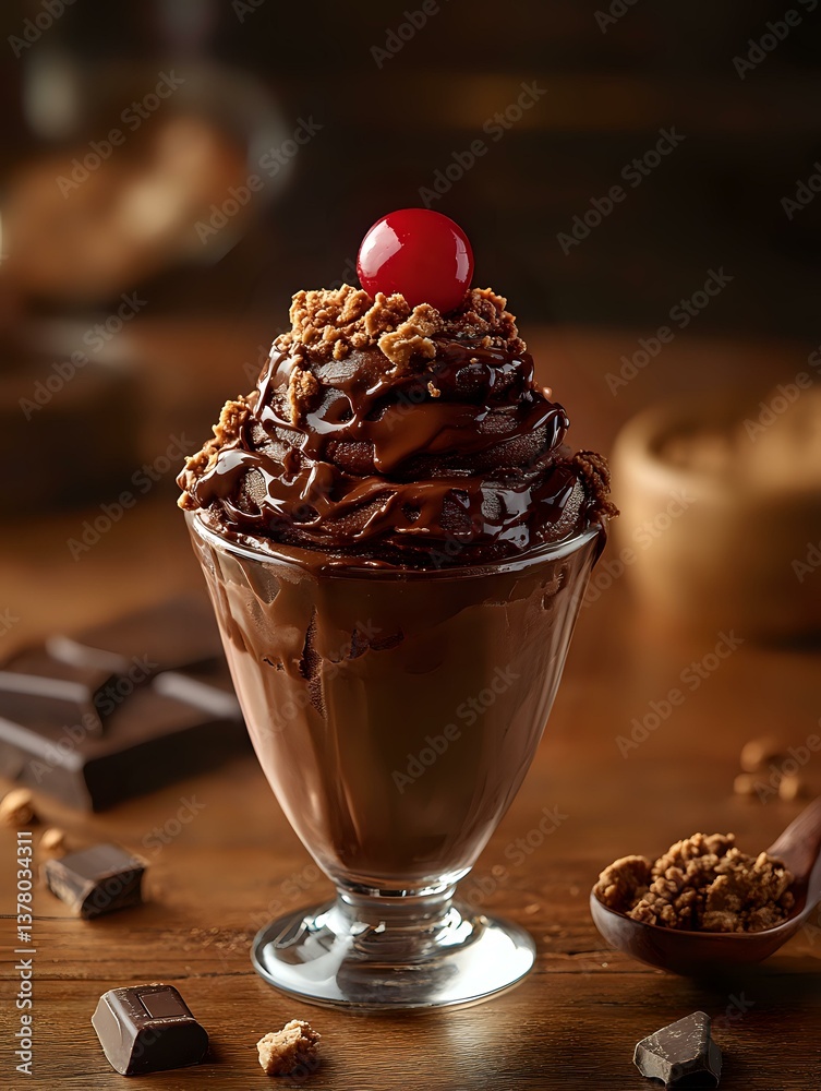 Decadent chocolate mousse dessert topped with whipped cream, chocolate sauce, crushed cookies and maraschino cherry in glass cup on wooden table with chocolate pieces.