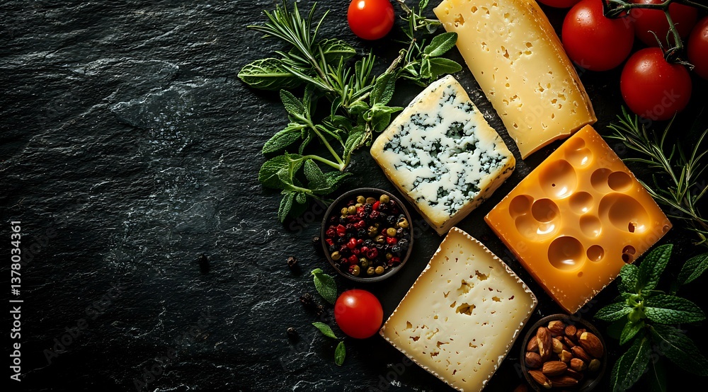 Various cheese types with blue cheese, emmental, and aged cheddar arranged on dark stone background with fresh herbs, cherry tomatoes and mixed peppercorns.
