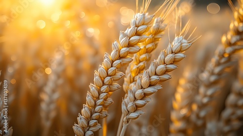 Obraz na płótnie Golden wheat ears in warm sunset light with natural bokeh background, close-up view of ripe cereal crop in agricultural field during harvest season. w salonie