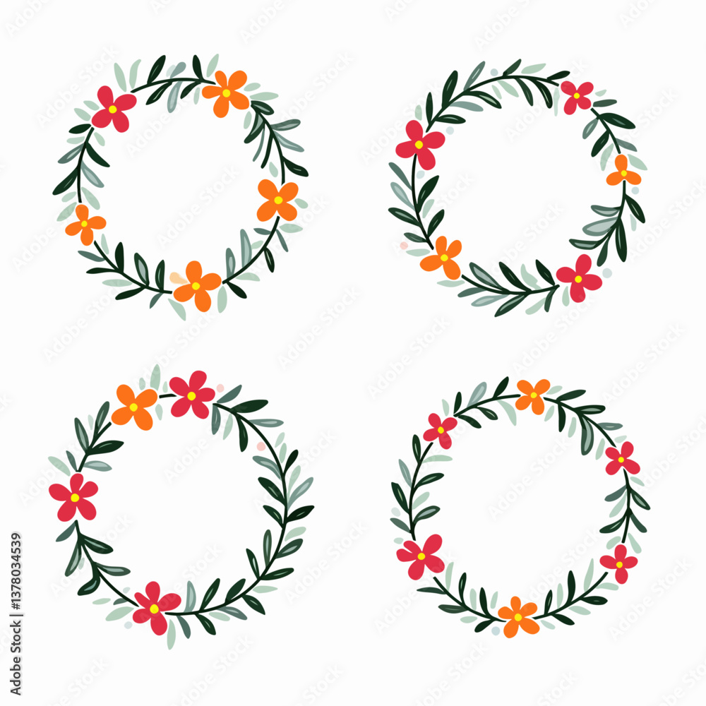 Round floral frame of small flower bushes in delicate flowers in the Scandinavian style on a white background.