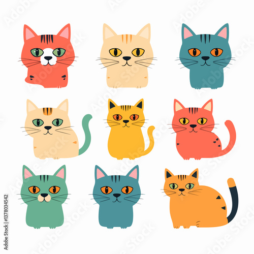 Set of funny cats, Hand drawn cute cat. Animal cartoon portraits for kids and baby clothes, stationery, posters. Scandinavian style vector illustration