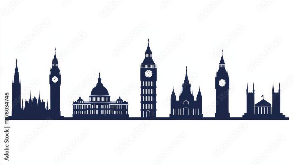 Naklejka premium Silhouette of iconic London landmarks including Big Ben, Houses of Parliament, and St. Paul Cathedral, showcasing architectural beauty and history