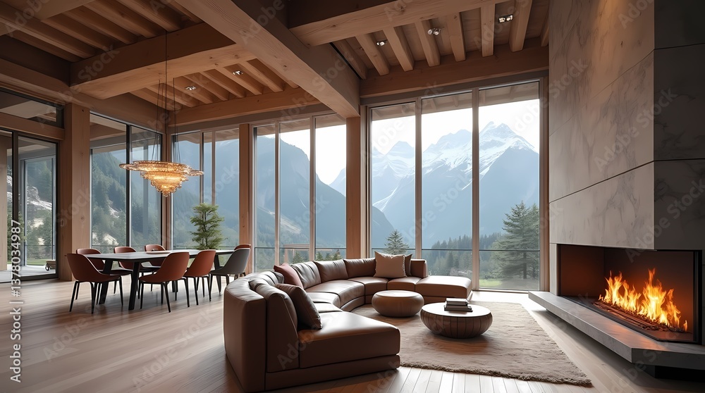 Fototapeta premium Modern living room interior with fireplace, sofa, armchair, and elegant decor in a stylish apartment