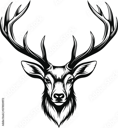Majestic Stag Head Black and White Vintage Deer Antlers Illustration