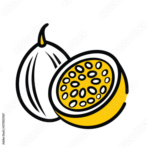 Passion Fruit Illustration: Halved and Whole Fruit
