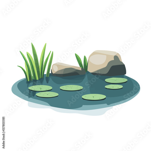 Calm Pond, Flat vector, minimalist design, isolated on a white background.