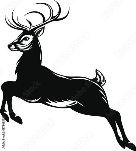 Leaping Deer Silhouette Majestic Antlers, Black and White Art