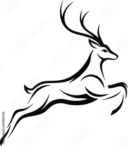 Elegant Leaping Deer Black Line Art, Wildlife, Nature, Animal, Graceful Jump, Silhouette, Vector, De