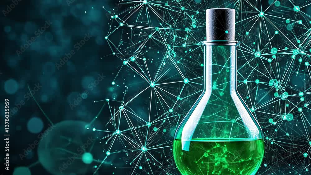 A flask containing glowing green liquid with a cork stopper set against a molecular network background.