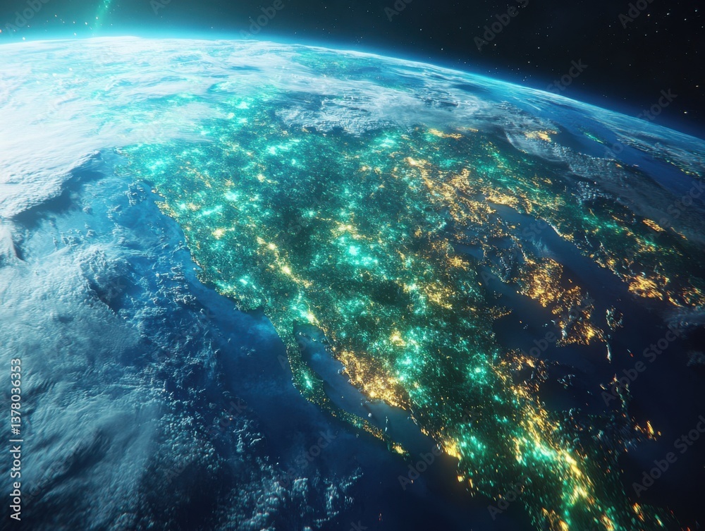 Obraz premium Beautiful blue and green Earth viewed from space, glowing details symbolize unity and life