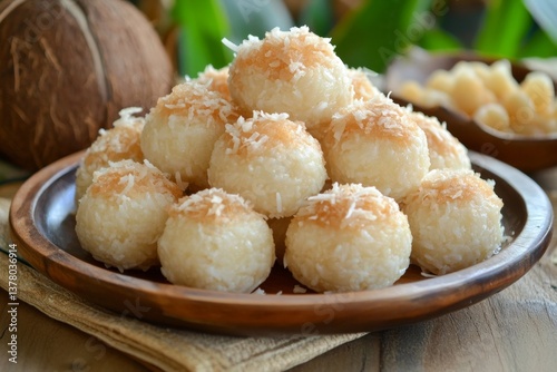 Coconut rice balls on wooden plate, tropical background